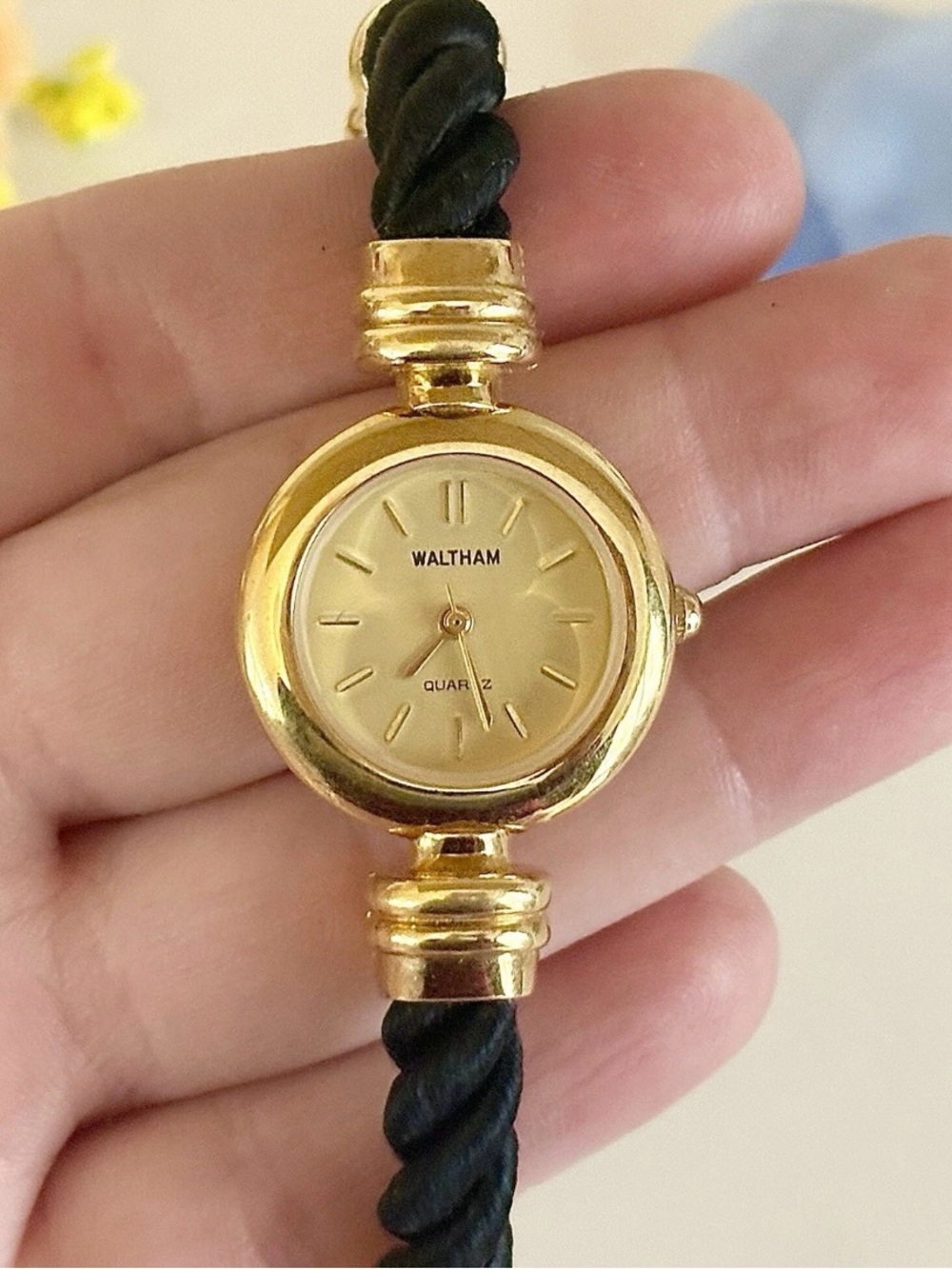 Vintage WALTHAM Black Rope/Gold Chain Timeless Ladies Watch WORKS! Elegant Style
